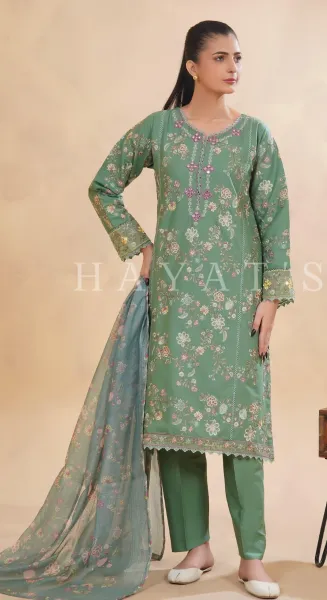 Pakistani Original Hayat’s Embroidered Stitched Cotton 3Pcs _ Green 